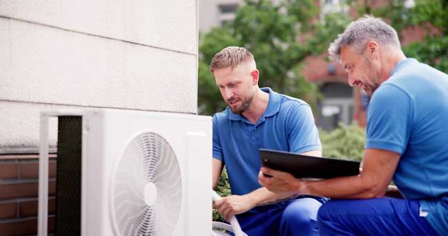 Two HVAC workers easily get to jobs installing air conditioners and easily manage purchases thanks to a fleet fuel card.